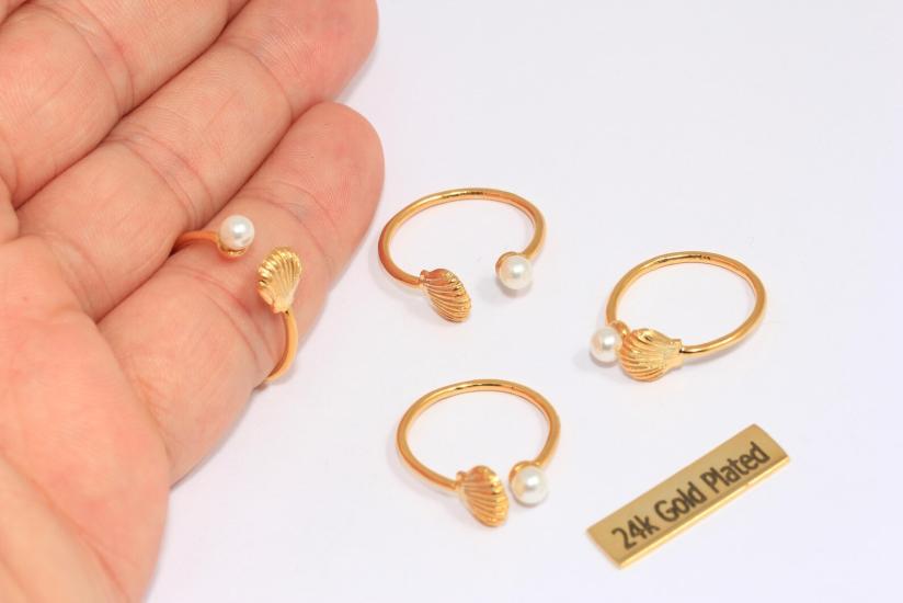 24 Ayar Altın Kaplama  Beyaz İnci Taşlı Deniz Kabuğu  Yüzük