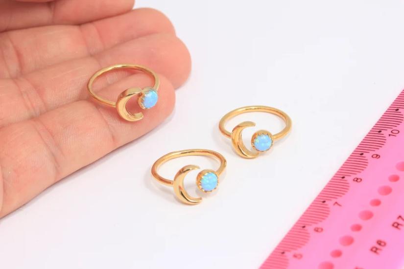 24 Ayar Altın Kaplama  Turkuaz Opal Taşlı Hilal  Yüzük