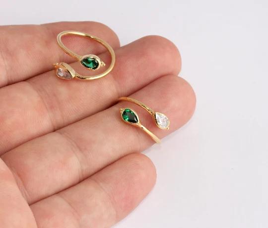 24 Ayar Altın Kaplama  Yeşil Beyaz Zirkon Taşlı Yaprak  Yüzük