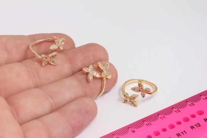 24 Ayar Altın Kaplama Beyaz Zirkon Taşlı Kelebek  Yüzük