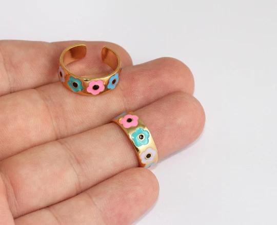 24 Ayar Altın Kaplama  Renkli Mineli Çiçek Desenli  Yüzük