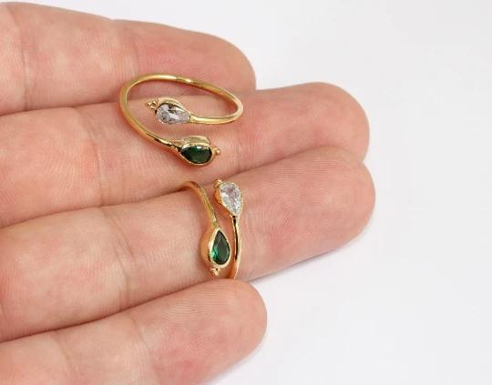 24 Ayar Altın Kaplama  Beyaz Yeşil Zirkon Taşlı Yaprak  Yüzük