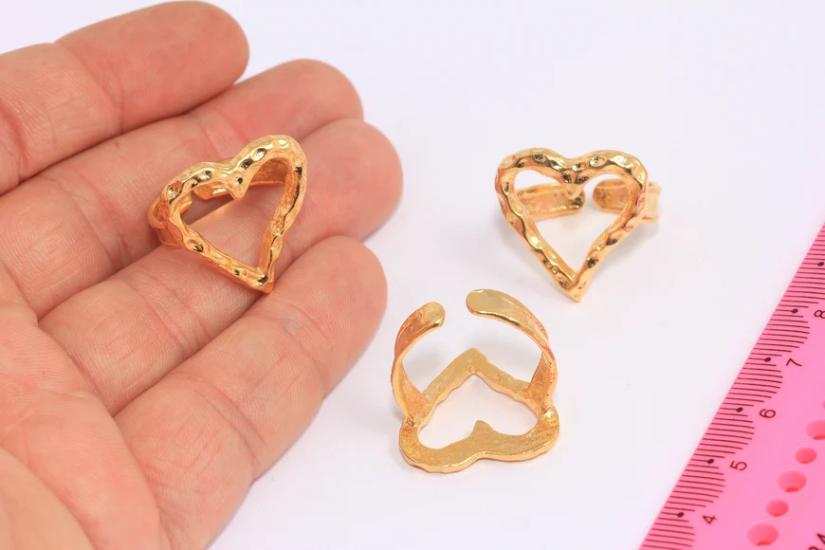 24 Ayar Altın Kaplama  Dövme Kontürlü Kalp  Yüzük