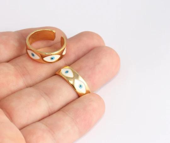 24 Ayar Altın Kaplama  Beyaz Mavi Mineli Göz Nazar  Yüzük