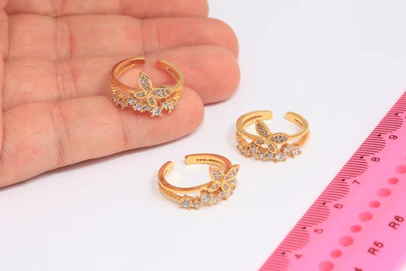 24 Ayar Altın Kaplama  Beyaz Zirkon Taşlı Kelebek  Yüzük