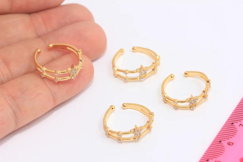 24 Ayar Altın Kaplama  Beyaz Zirkon Taşlı Yıldız  Yüzük