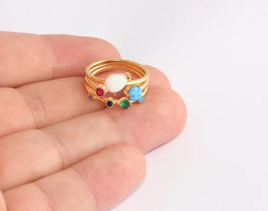 24 Ayar Altın Kaplama Renkli Zirkon Taşlı Gezegen Üçlü  Yüzük