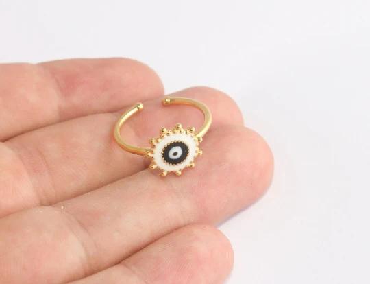 24 Ayar Altın Kaplama  Mavi Beyaz Mineli Nazar  Yüzük