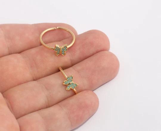 24 Ayar Altın Kaplama  Yeşil Taşlı Kelebek  Yüzük