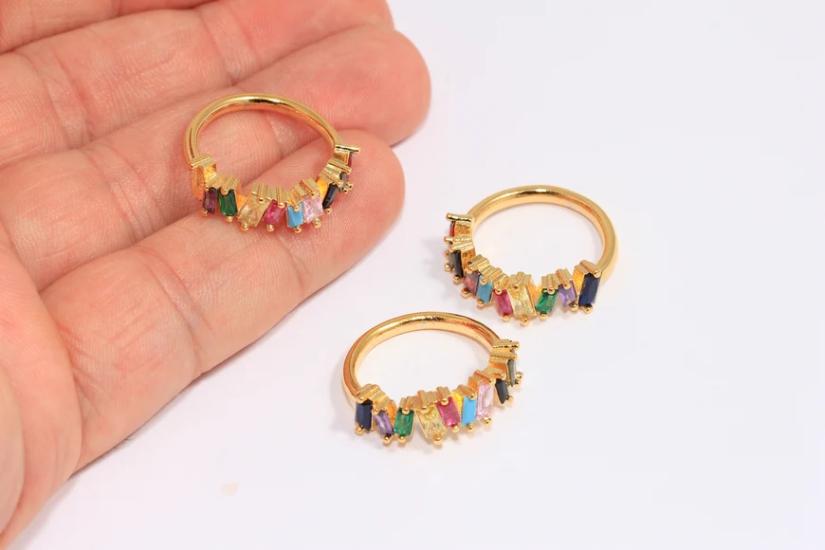 24 Ayar Altın Kaplama Baget Renkli Zirkon Taşlı  Yüzük