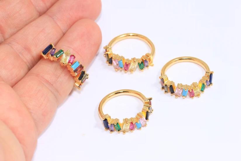 24 Ayar Altın Kaplama Baget Renkli Zirkon Taşlı  Yüzük