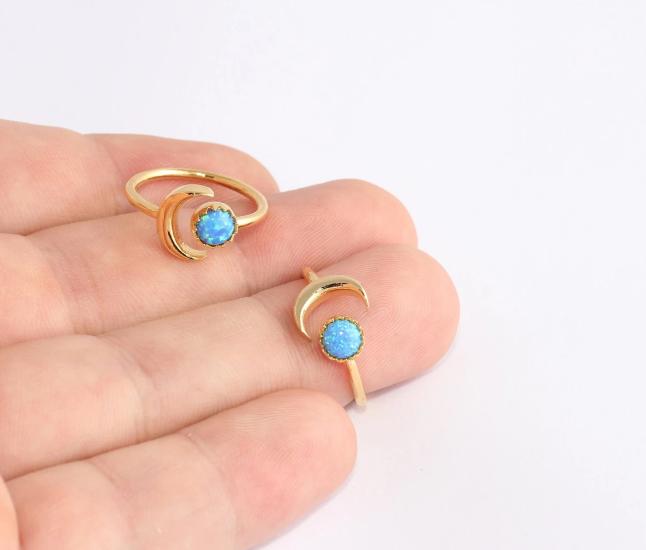 24 Ayar Altın Kaplama  Mavi Opal Taşlı Hilal  Yüzük