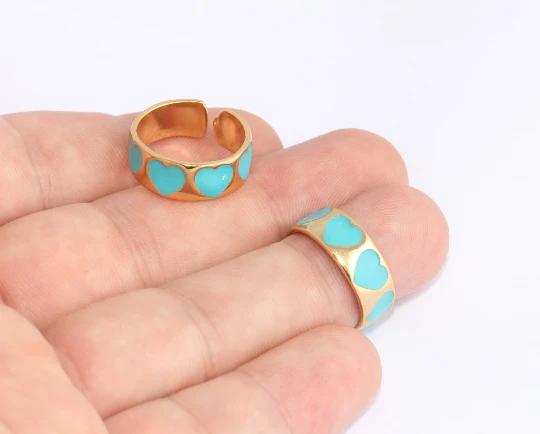 24 Ayar Altın Kaplama  Mavi Mineli Kalp Desenli  Yüzük