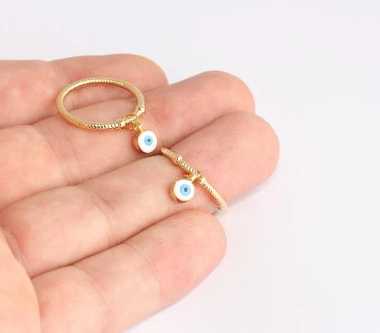 24 Ayar Altın Kaplama Beyaz Mavi Mineli Nazar Sallantılı  Yüzük