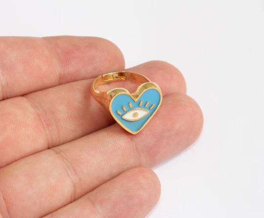 24 Ayar Altın Kaplama  Turkuaz Mineli Kalp Göz Yüzük
