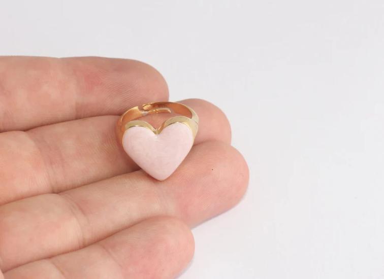 24 Ayar Altın Kaplama  Pembe Mineli Kalp  Yüzük