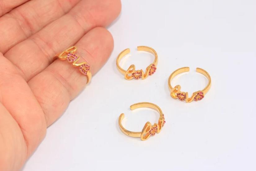 24 Ayar Altın Kaplama Yakut Taşlı Love Yazılı Aşk  Yüzük