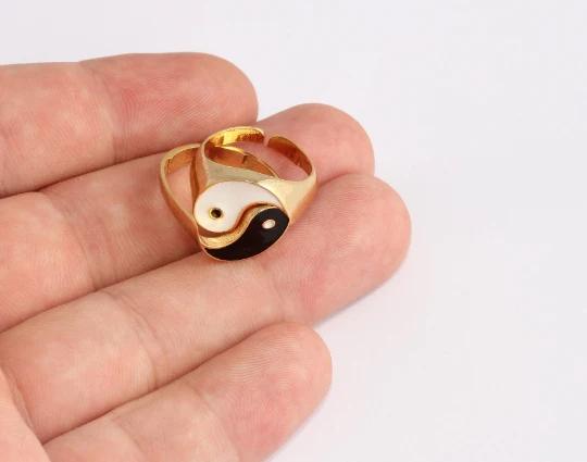24 Ayar Altın Kaplama Siyah Beyaz Mineli Çift Yin Yang  Yüzük