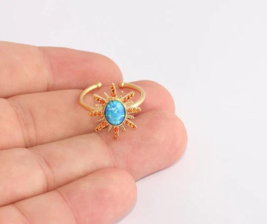 24 Ayar Altın Kaplama Turkuaz Mineli Turuncu Zirkon Taşlı Güneş  Yüzük