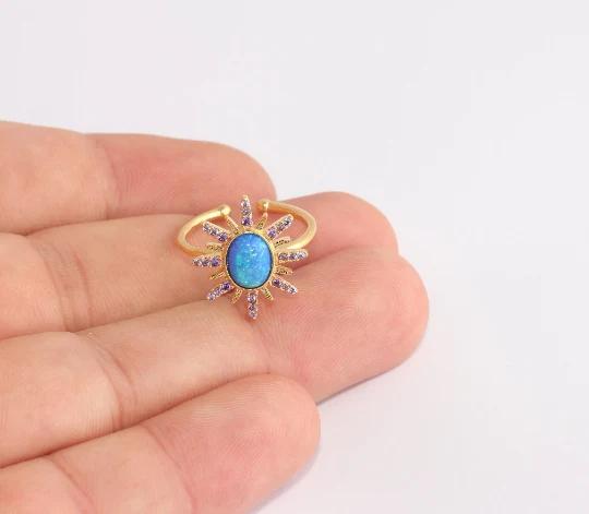 24 Ayar Altın Kaplama Mor Turkuaz Zirkon Taşlı Güneş  Yüzük