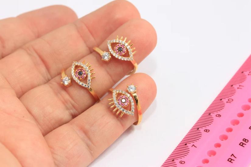 24 Ayar Altın Kaplama Beyaz Zirkon Taşlı Nazar Göz  Yüzük