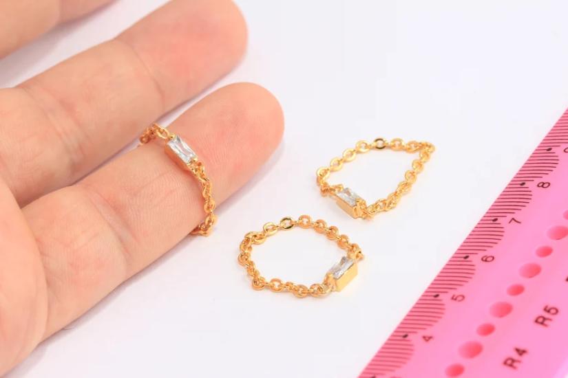 24 Ayar Altın Kaplama  Beyaz Baget Taşlı Zincir  Yüzük