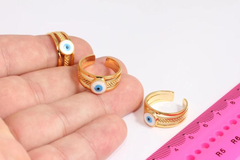 24 Ayar Altın Kaplama Beyaz Mineli Nazar Üç Bantlı  Yüzük