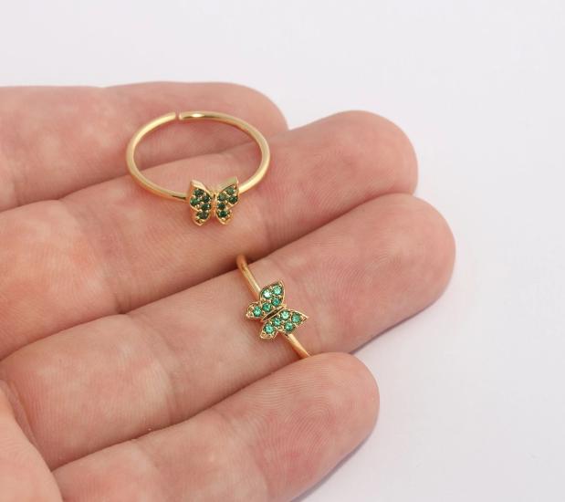 24 Ayar Altın Kaplama Yeşil Zirkon Taşlı Kelebek  Yüzük