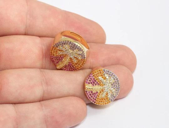 24 Ayar Altın Kaplama Renkli  Taşlı Palmiye Yüzük