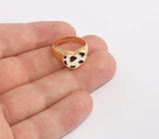 24 Ayar Altın Kaplama Siyah Beyaz Mineli Leopar Desen Kalp Yüzük