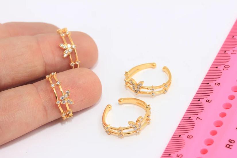 24 Ayar Altın Kaplama Beyaz Taşlı Kelebek Çift  Yüzük