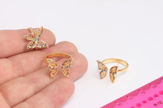 24 Ayar Altın Kaplama Karışık Zirkon Taşlı Kelebek Kanadı  Yüzük