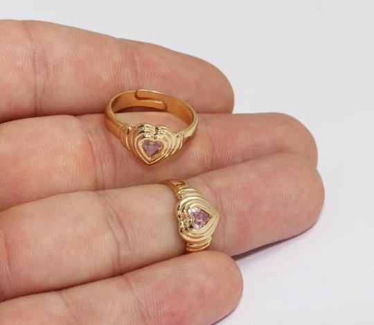 24 Ayar Altın Kaplama Pembe  Taşlı Kalp  Yüzük