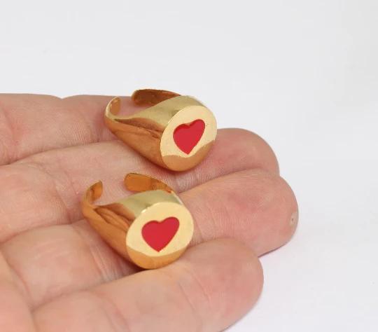 24 Ayar Altın Kaplama Kırmızı Mineli Kalp Geniş  Yüzük