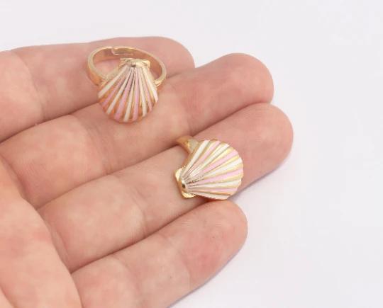 24 Ayar Altın Kaplama  Pembe Beyaz Mineli Deniz Kabuğu Yüzük