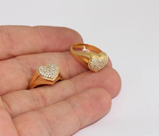 24 Ayar Altın Kaplama  Beyaz Zirkon Taşlı Kalp Yüzük