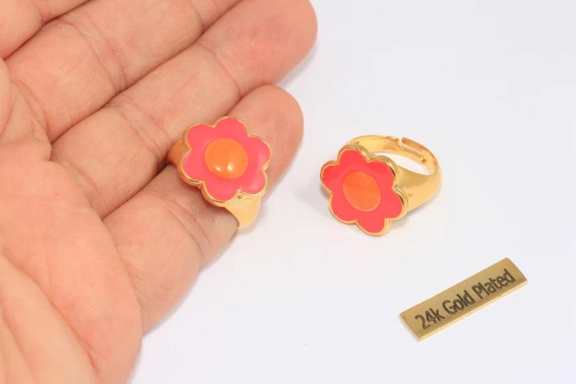 24 Ayar Altın Kaplama Pembe Turuncu Mineli Çiçek  Yüzük