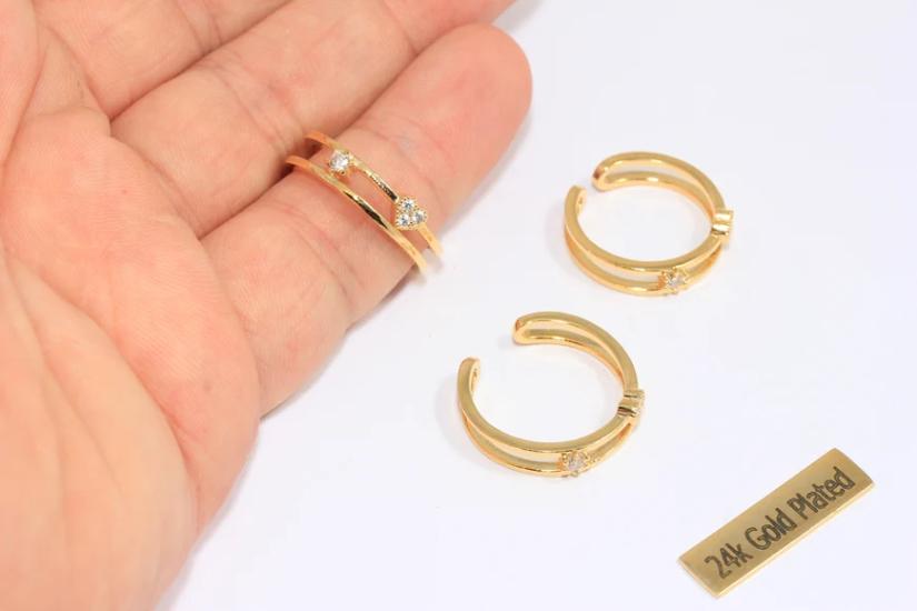 24 Ayar Altın Kaplama  Beyaz Zirkon Taşlı Çift Bantlı Yüzük