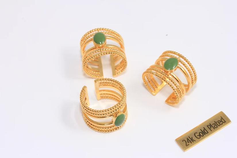 24 Ayar Altın Kaplama Yeşil Mineli Üç Katmanlı Bant  Yüzük