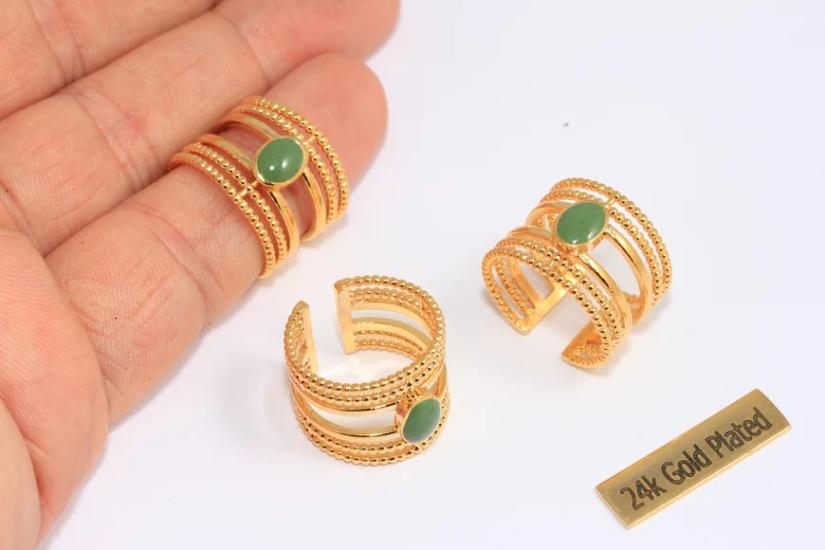 24 Ayar Altın Kaplama Yeşil Mineli Üç Katmanlı Bant  Yüzük