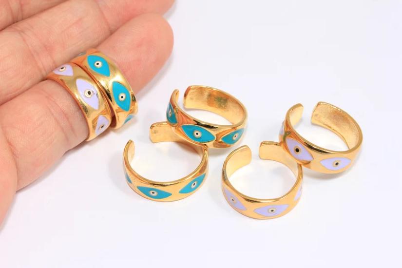 24 Ayar Altın Kaplama Mavi Mor Mineli Nazar Yüzük