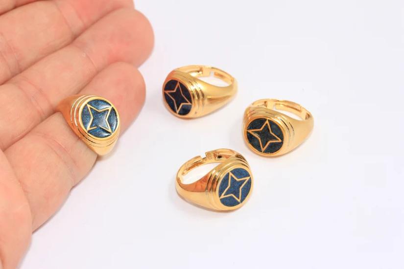 24 Ayar Altın Kaplama Lacivert Mineli Kutup Yıldızı Yüzük