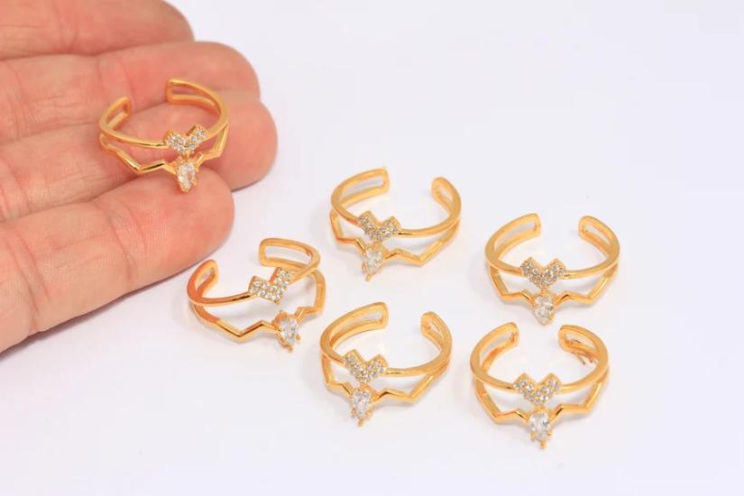 24 Ayar Altın Kaplama Beyaz Zirkon Taşlı Çift  Kalp Yüzük