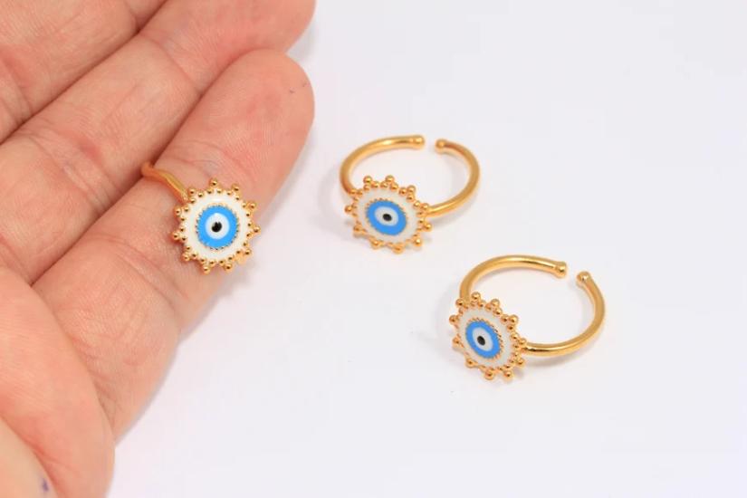 24 Ayar Altın Kaplama Mavi Beyaz Mineli Nazar Yüzük