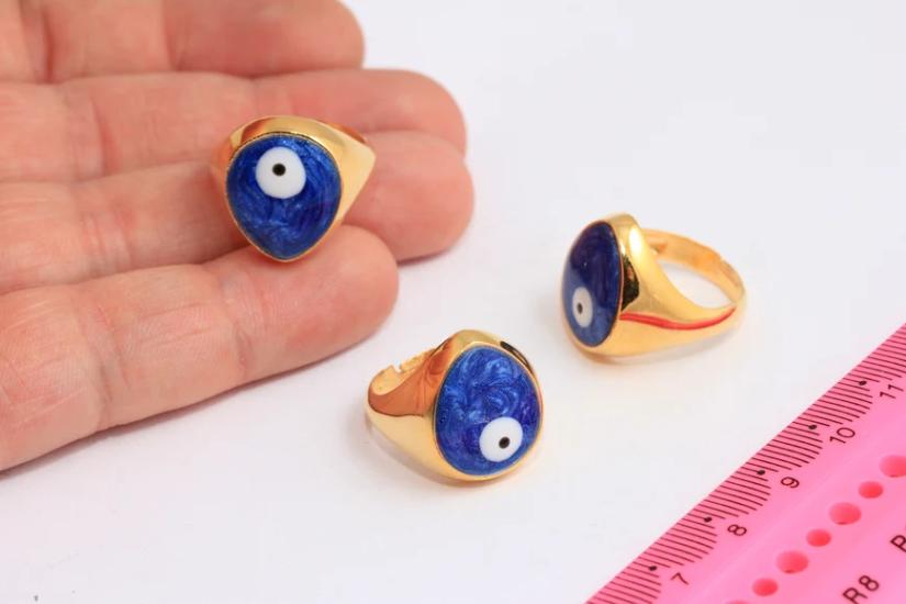 24 Ayar Altın Kaplama Lacivert Mineli Geniş Nazar Yüzük