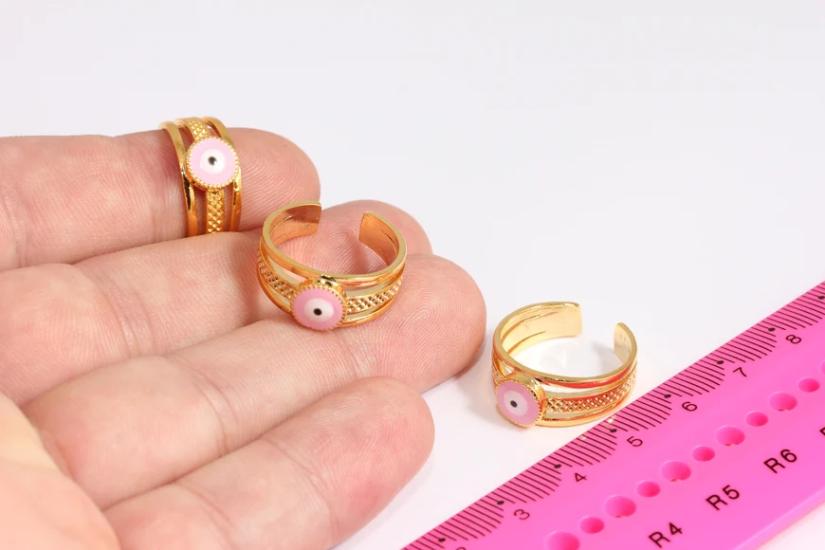 24 Ayar Altın Kaplama Pembe Mineli Üçlü Bant Yüzük