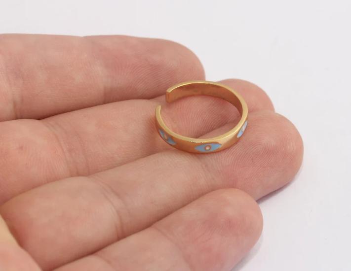 24 Ayar Altın Kaplama Mavi Mineli Göz Nazar Bant Yüzük