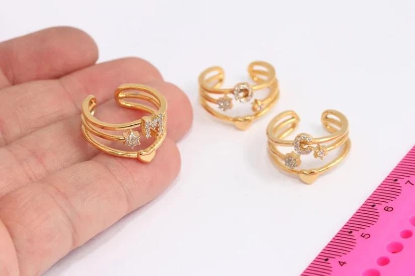 24 Ayar Altın Kaplama Beyaz Zirkon Taşlı Kalp Yıldız Harfli  Yüzük