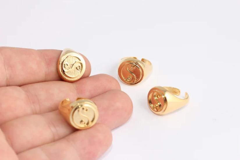 24 Ayar Altın Kaplama Yin Yang Mühür Kalın Yüzük