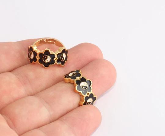 24 Ayar Altın Kaplama Siyah Mineli Çiçek Yin Yang Yüzük